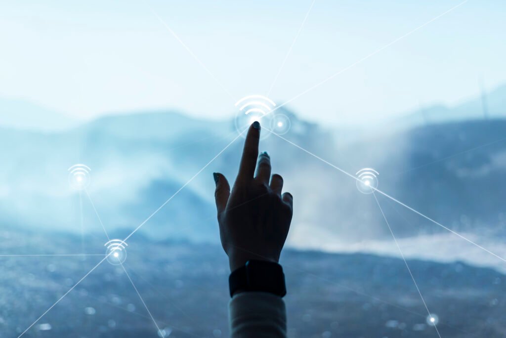 digital communication technology background with hand touching v